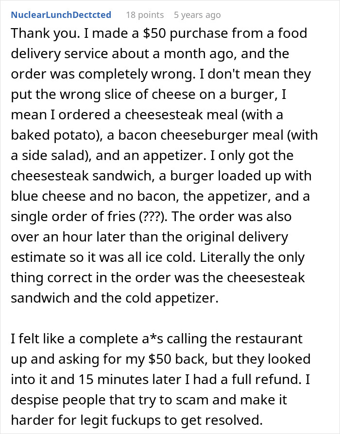 Text detailing a woman's experience with a wrong food delivery order and seeking a refund.