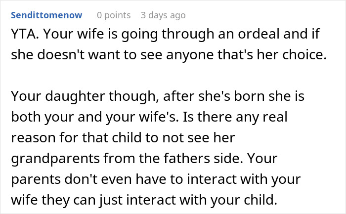 A Reddit comment discusses MIL reaction to a wife&rsquo;s decision about meeting their baby.
