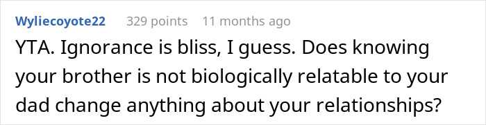 Reddit comment discussing a family secret and relationships related to an inheritance issue. Reddit comment discussing a family secret and relationships related to an inheritance issue.