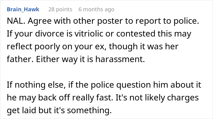 Reddit comment discussing harassment involving an ex-father-in-law, AirTag, and divorce concerns. Reddit comment discussing harassment involving an ex-father-in-law, AirTag, and divorce concerns.