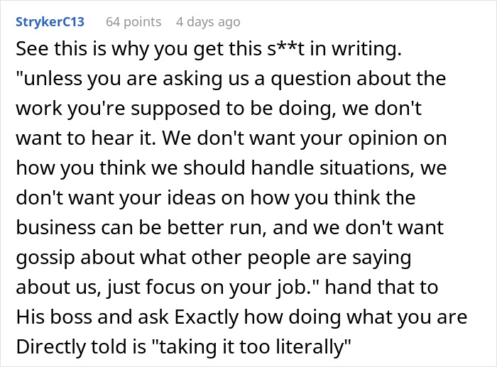 Text message about input restrictions at work, emphasizing focus on assigned tasks rather than unsolicited opinions. Text message about input restrictions at work, emphasizing focus on assigned tasks rather than unsolicited opinions.