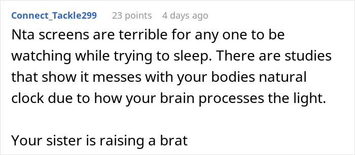 Reddit comment criticizing screen use before sleep and calling someone's nephew a brat.