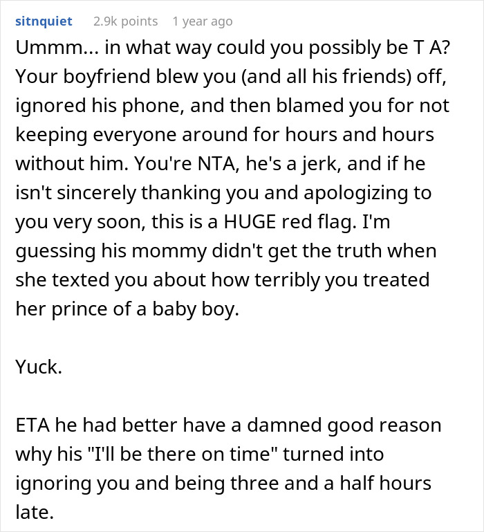 Woman Cancels BF&rsquo;s Party Because He Was Late, Gets A Text From His Mom