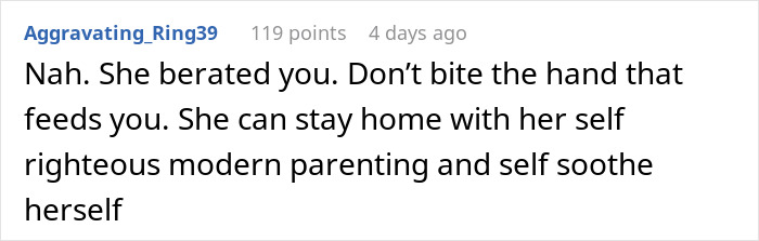 A user comment on a forum discussing babysitter quitting due to a nephew's behavior.