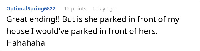 Comment discussing parking issues with a neighbor, humorously noting where to park.