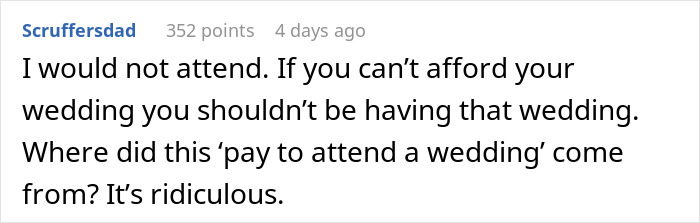 Comment criticizing wedding tax, questioning the trend of paying to attend weddings.