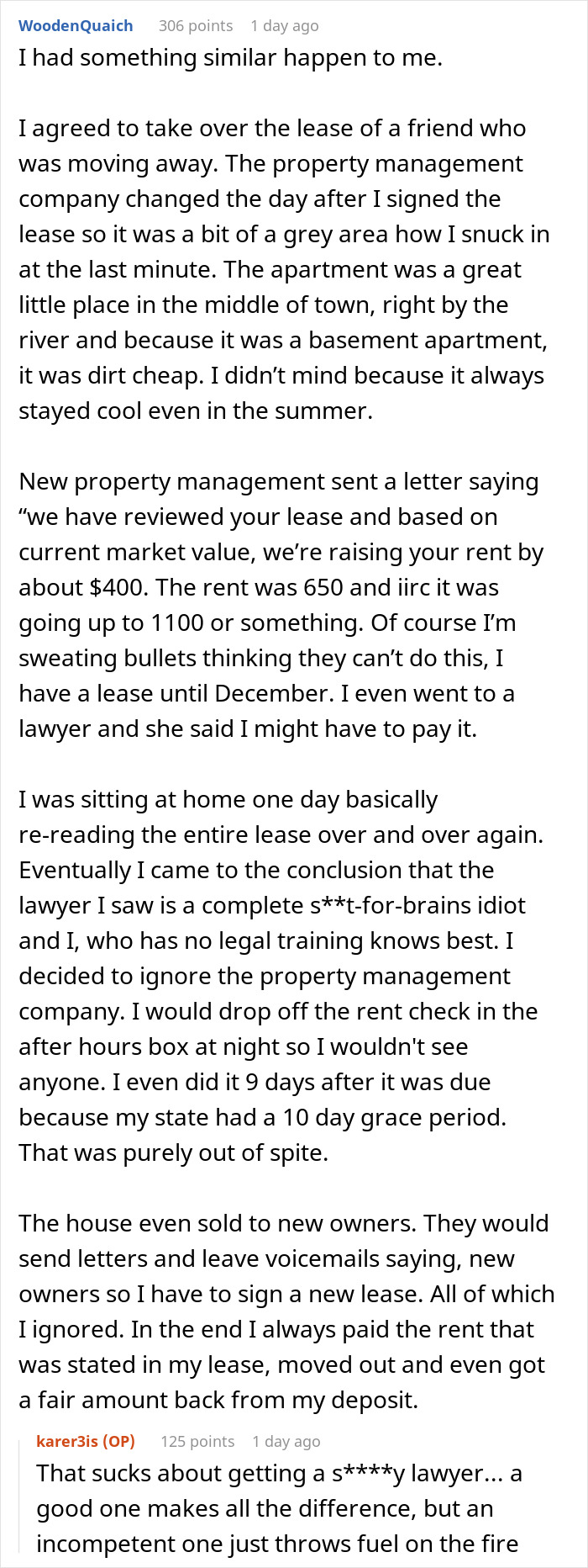 Text detailing tenant&rsquo;s experience with lease issues and a landlord dispute, emphasizing reading fine print.