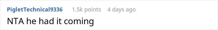 Reddit comment with username “PigletTechnical9336” stating, "NTA he had it coming," related to prank dispute. Reddit comment with username “PigletTechnical9336” stating, "NTA he had it coming," related to prank dispute.