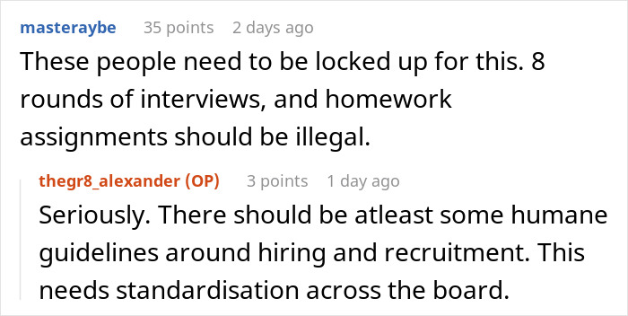 Comments discussing recruiter regrets ghosting candidate after multiple assignment rounds.