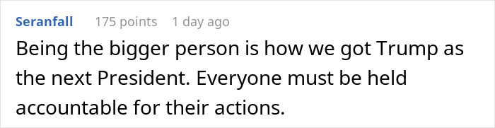 Comment discussing accountability in politics, referencing Trump as President.