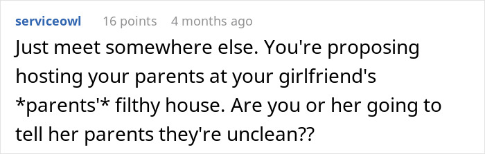 Comment discussing whether to tell girlfriend her parent's house is filthy. Comment discussing whether to tell girlfriend her parent's house is filthy.