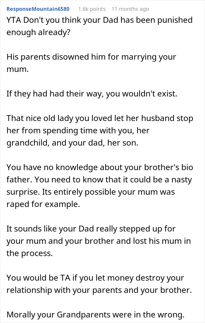 Reddit comment discussing family dynamics and inheritance secrets. Reddit comment discussing family dynamics and inheritance secrets.