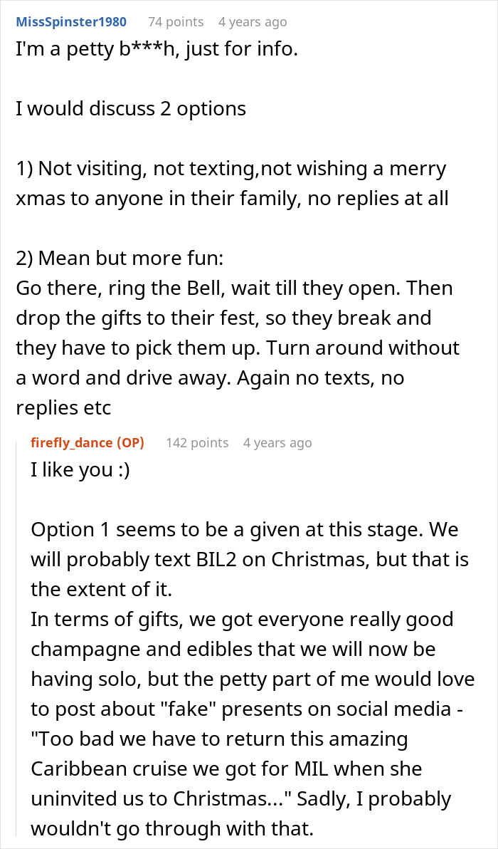 Lady Feels Devastated As MIL Kicks Her And Spouse Out Of Christmas Party In Favor Of Other Relatives Lady Feels Devastated As MIL Kicks Her And Spouse Out Of Christmas Party In Favor Of Other Relatives