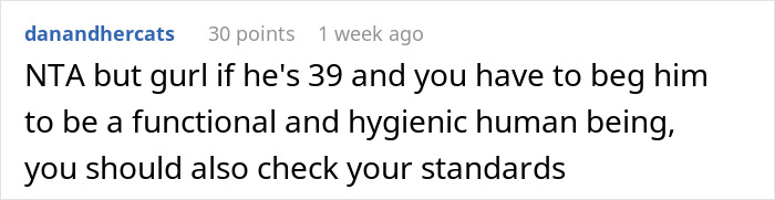 Comment discussing relationship standards and hygiene.