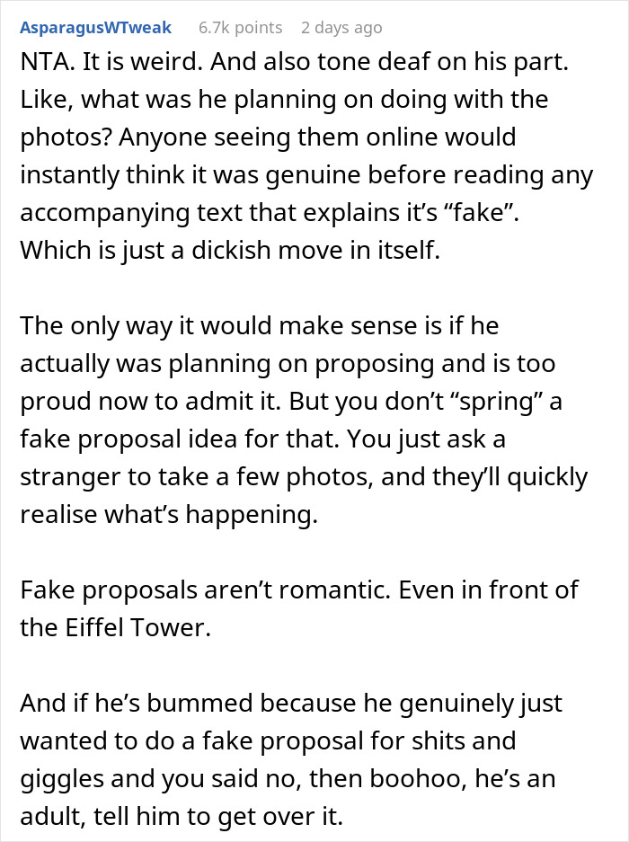 Screenshot of a Reddit comment discussing a fake proposal in front of the Eiffel Tower. Screenshot of a Reddit comment discussing a fake proposal in front of the Eiffel Tower.