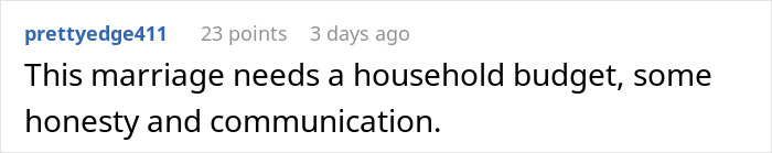 Text comment discussing the need for a household budget, honesty, and communication in marriage.