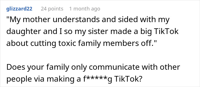 Text exchange about family drama and TikTok, highlighting toxic communication. Text exchange about family drama and TikTok, highlighting toxic communication.