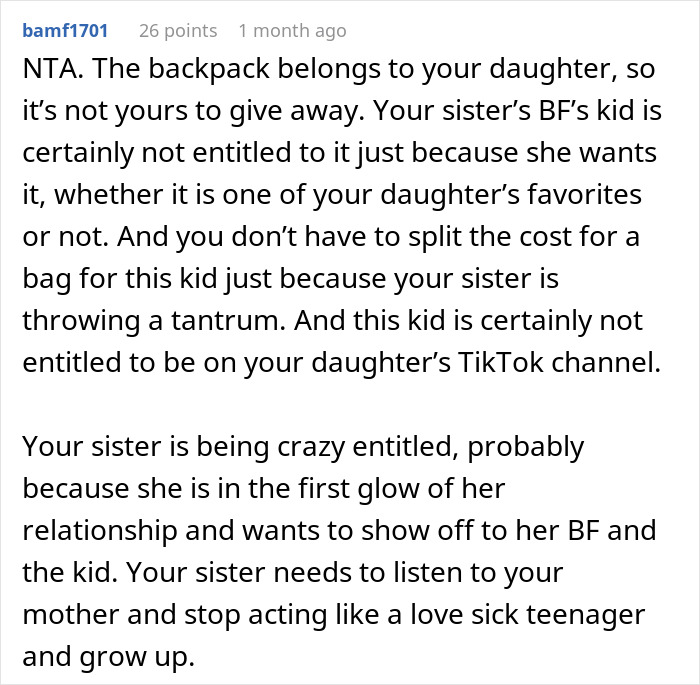 Text post discussing entitlement over a child’s rare backpack. Text post discussing entitlement over a child’s rare backpack.