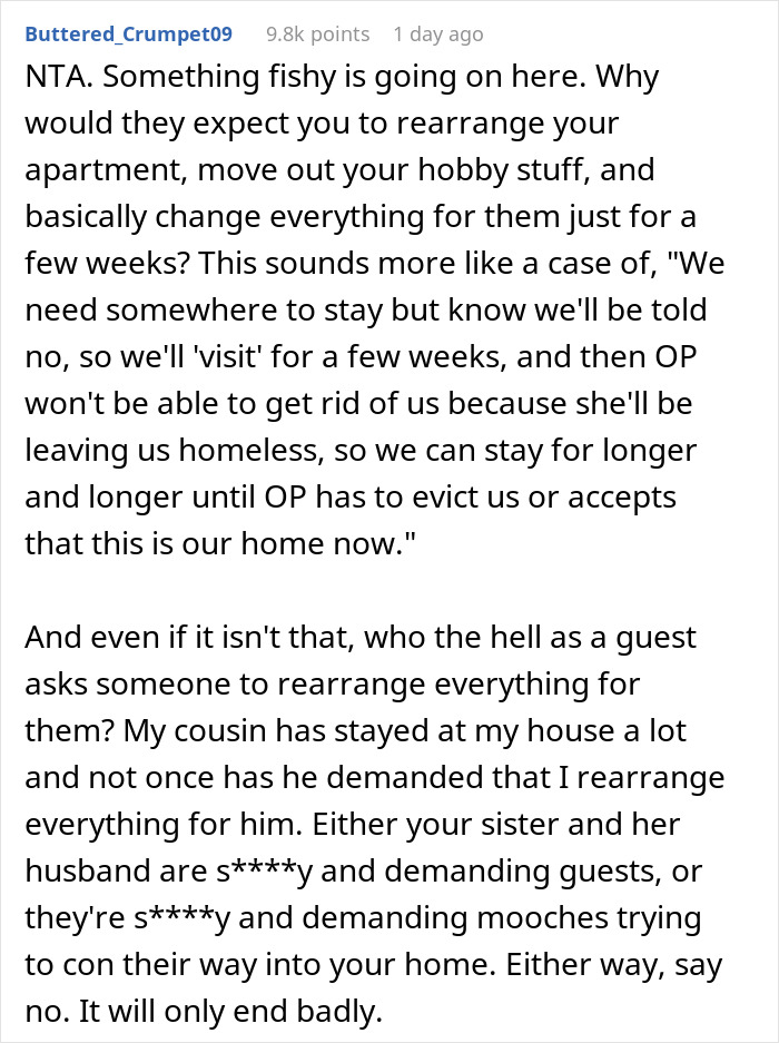 Text post discussing intrusive guests and their unreasonable demands in an apartment setting.
