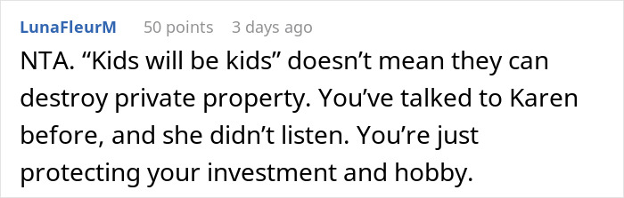 Comment discussing kids and private property rights.