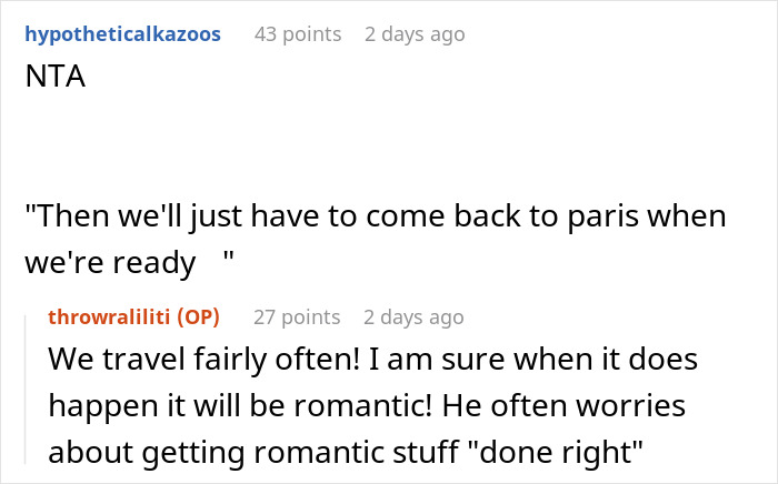 Reddit comments discussing a fake proposal in Paris, with optimistic replies about future romantic opportunities. Reddit comments discussing a fake proposal in Paris, with optimistic replies about future romantic opportunities.