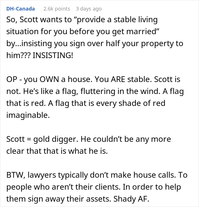 Text exchange discussing fianc&eacute;'s insistence on house ownership, mentioning a "red flag" and "gold digger" warning.