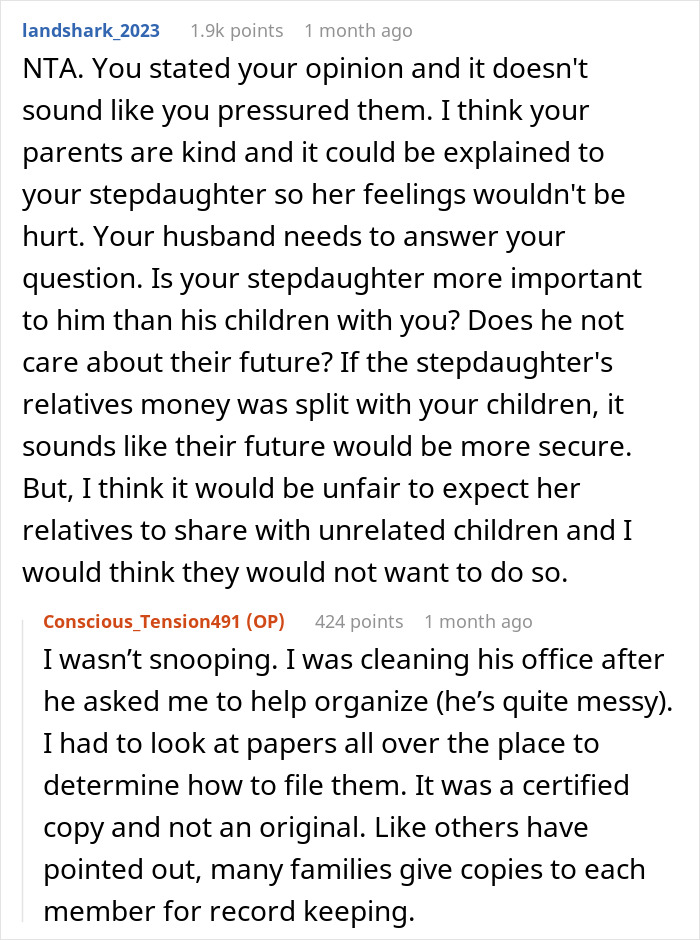 Reddit discussion about a husband's reaction to his wife excluding his daughter from her parents' will. Reddit discussion about a husband's reaction to his wife excluding his daughter from her parents' will.