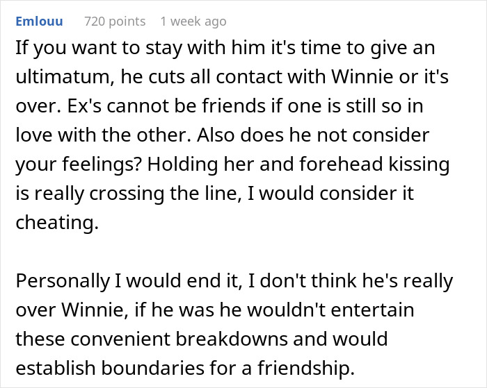 Reddit comment discussing boundaries and issues with staying friends with an ex. Reddit comment discussing boundaries and issues with staying friends with an ex.