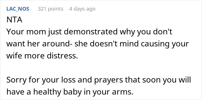Comment discussing MIL's reaction to a woman's decision about meeting a baby, highlighting family tension and support.