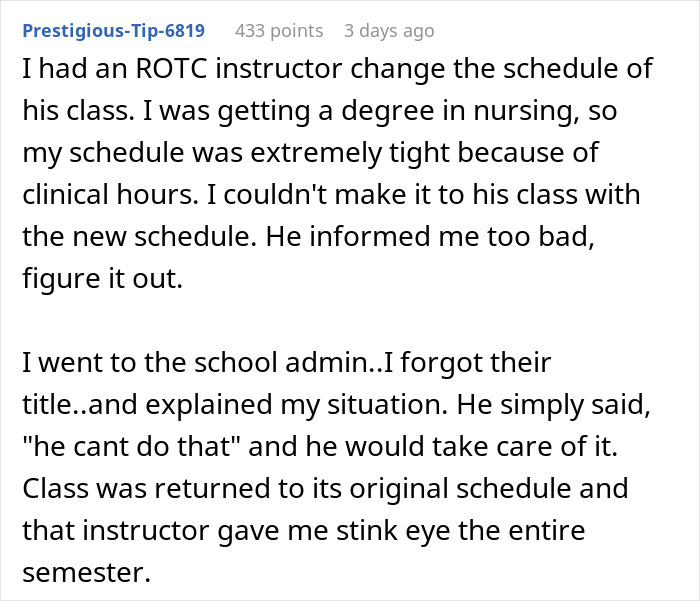 Text of a college student outsmarting a professor known for humiliating others by resolving a schedule conflict.