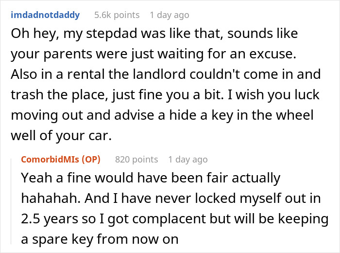 Reddit comments discussing a 20-year-old's room being trashed by parents after losing keys. Reddit comments discussing a 20-year-old's room being trashed by parents after losing keys.