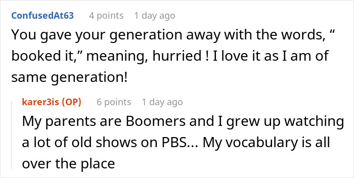 Two Reddit comments discussing generational slang and influence, related to reading the fine print.
