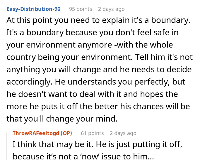 Reddit comment exchange discussing a husband's reluctance and boundaries about starting a family.