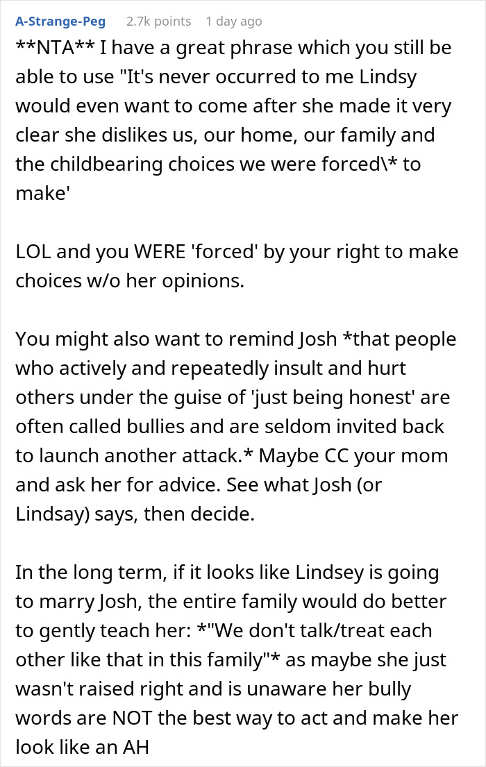Text discussing uninviting a brother's girlfriend for her rudeness, citing honesty as the reason, leading to family drama.