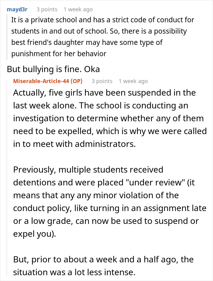 Reddit comments discussing a school's strict conduct policies and suspensions related to bullying.