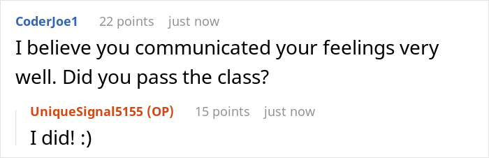 Online comments discussing a teen's methods to counteract bullying and successfully pass a class.