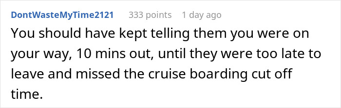 Comment on a forum discussing a woman's last-minute family cruise cancellation. Comment on a forum discussing a woman's last-minute family cruise cancellation.