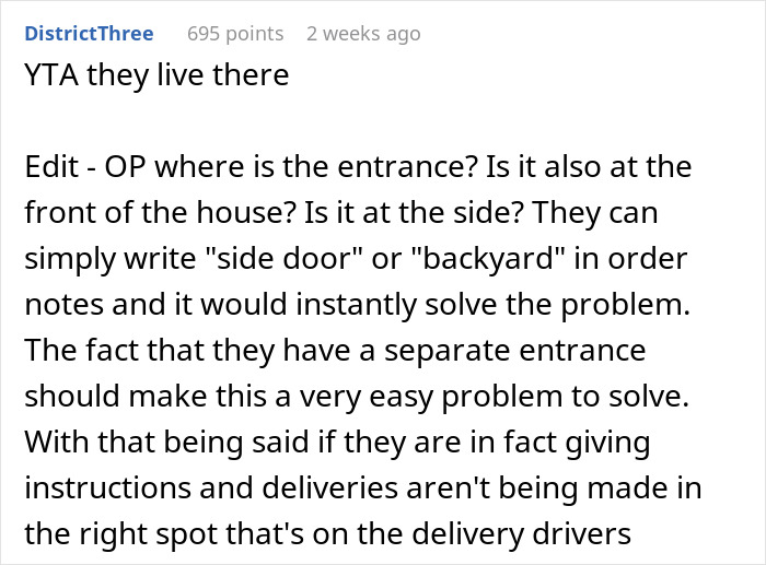 Reddit comment discussing shopaholic tenants and entrance issues in a basement apartment.