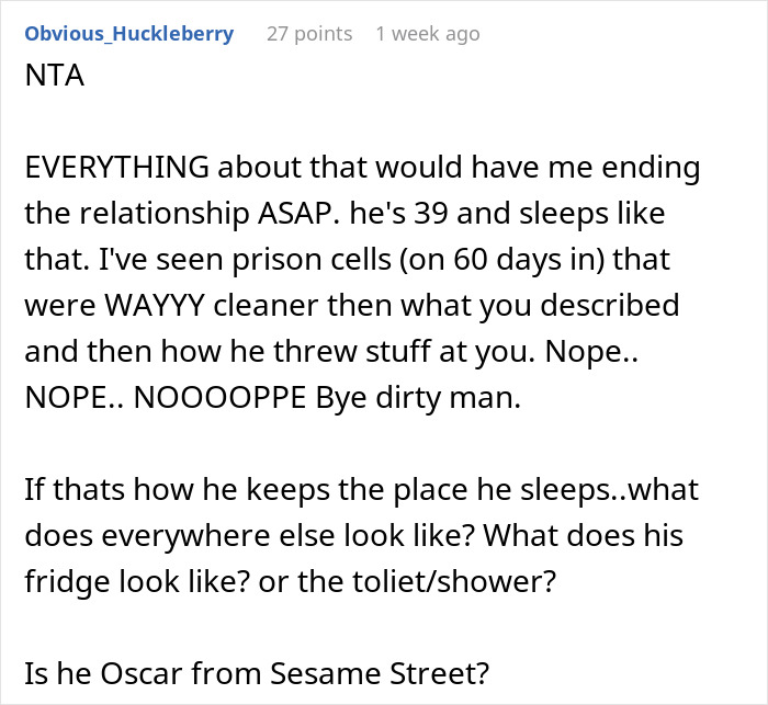 Comment criticizing boyfriend&rsquo;s messy bed and cleanliness standards.