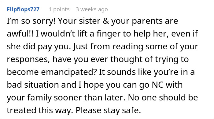 Reddit comment discussing family issues, suggesting emancipation for a teen brother pressured over baby name and nanny duties.