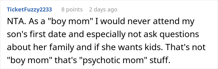 Comment discussing a mom attending her son's first date, criticizing intrusive behavior.