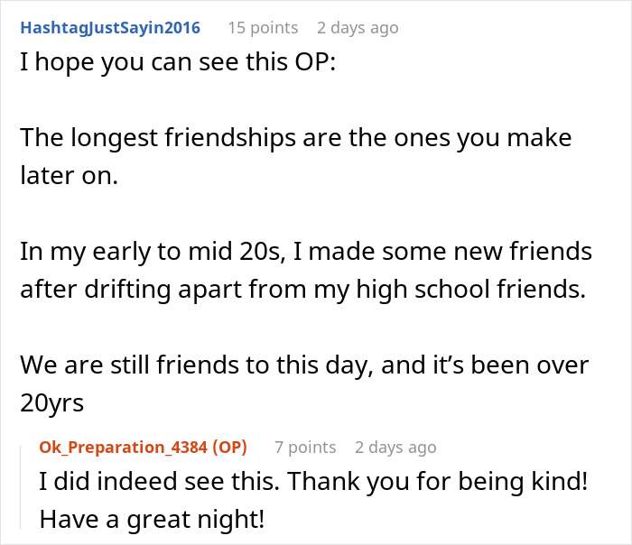 Reddit comment thread discussing lasting friendships and personal experiences.