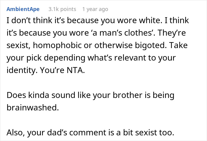 Reddit comment discussing a brother's reaction to a sister's pantsuit wedding guest outfit, addressing sexism and bigotry.