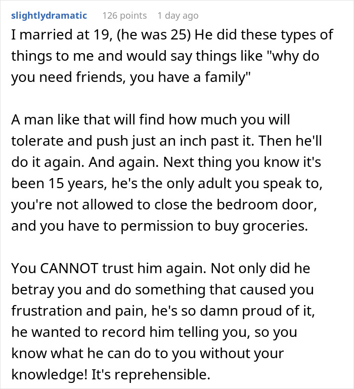 Reddit comment discussing a TikTok trend about listening and not judging, sharing a story of a controlling relationship.