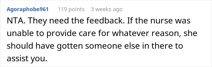 A comment discussing feedback on nurse&rsquo;s reaction to a spider tattoo, suggesting getting another nurse for care.