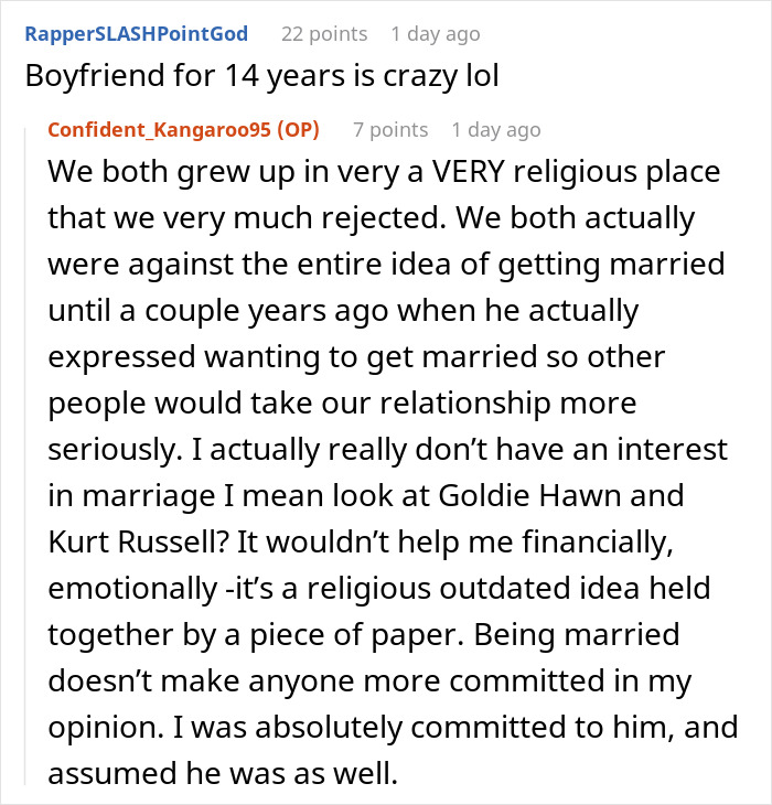 Reddit discussion about a woman's perspective on marriage after a long-term relationship.