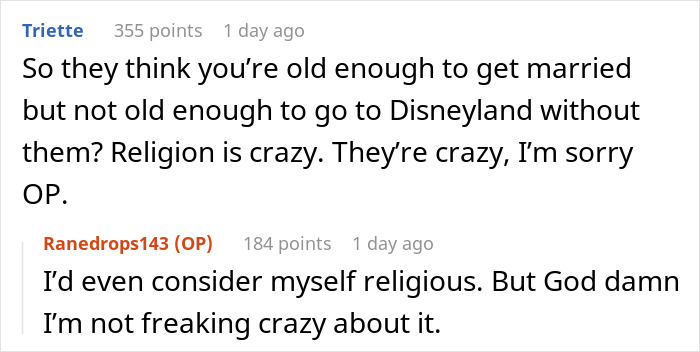 Reddit discussion about parental restrictions, focusing on experiences and religious expectations. Reddit discussion about parental restrictions, focusing on experiences and religious expectations.