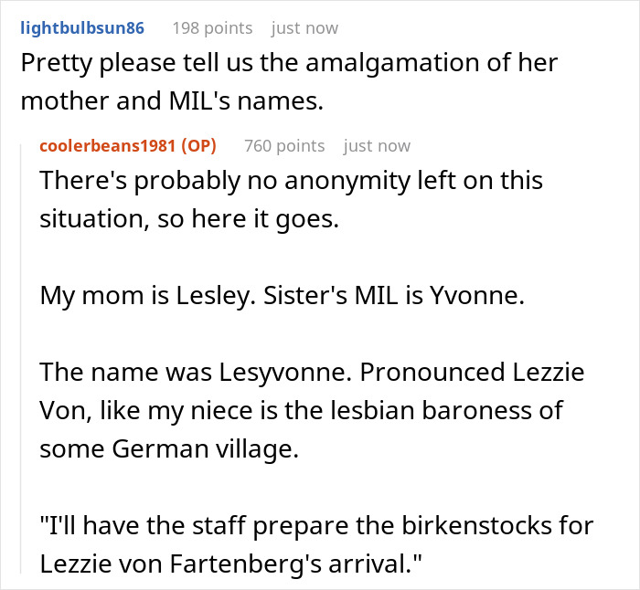 Comment thread discussing a unique baby name created from family names, sparking humorous reactions. Comment thread discussing a unique baby name created from family names, sparking humorous reactions.