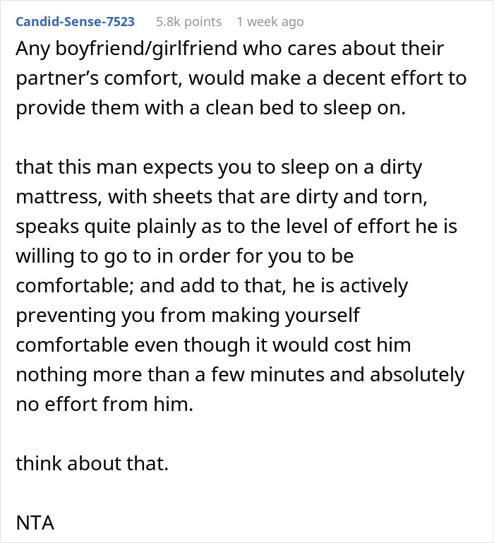 Reddit comment discussing relationship dynamics and cleanliness expectations in partners.