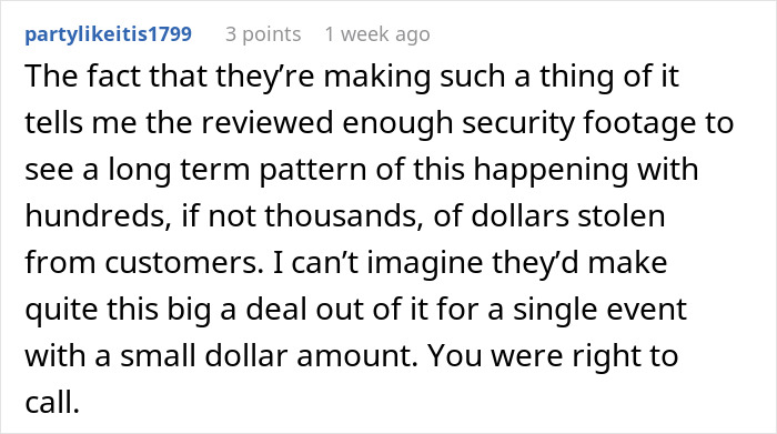 Text comment discussing cashier's long-term theft pattern from customers.